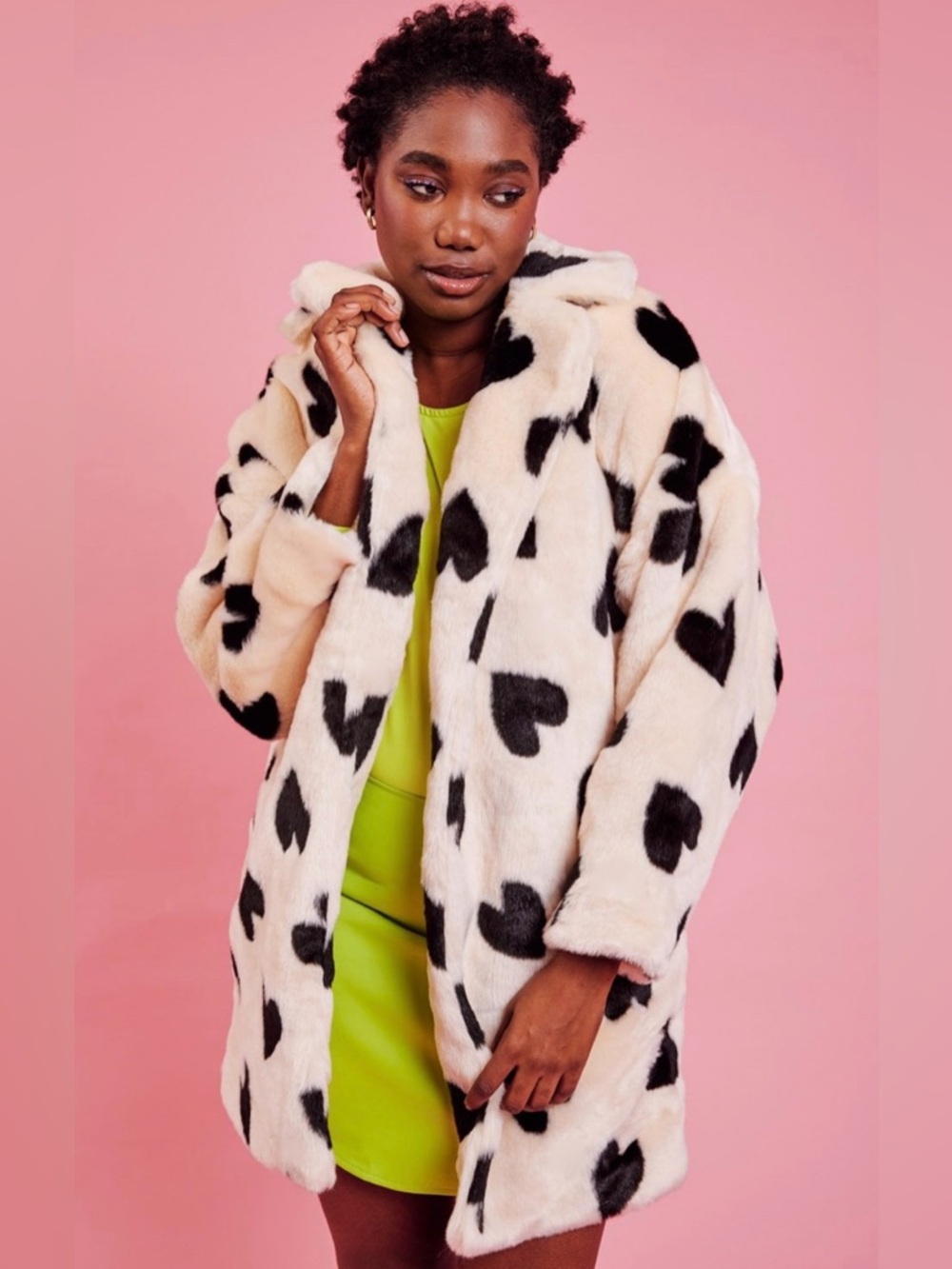 JAYLEY Cream Lola Love Heart Faux Fur Coat